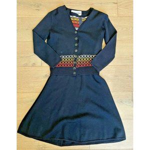 Vintage Rare St John Knit Suit 2 Piece Belted Cardigan Dress Retro Black Orange